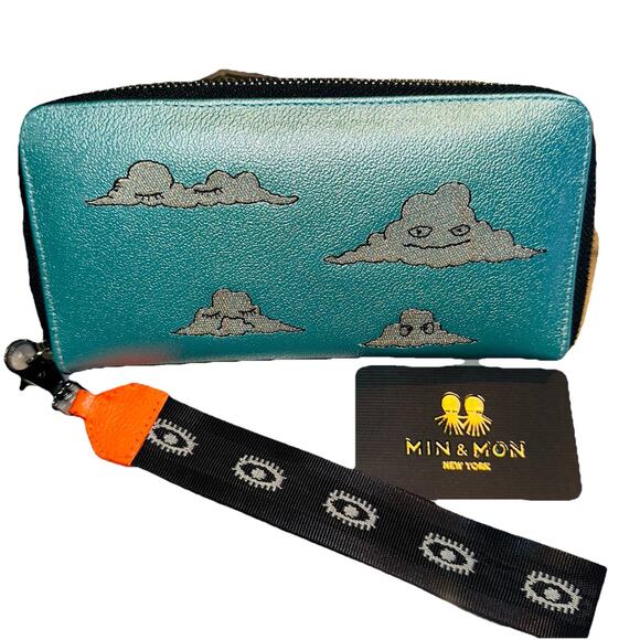 NEW Min & Mon Frodo Cyan Leather Zip Around Wallet Cloud Retired Wristlet Blue - Picture 1 of 6